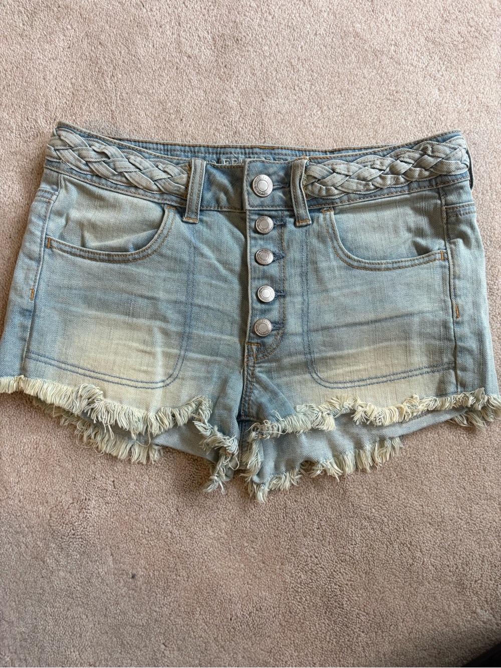 Braided-Waist Light Blue Denim Shorts with Button Fly
